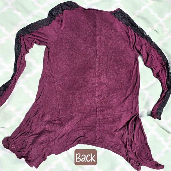 🟨 APT. 9 Long Sleeve Lace Lined Shark Bite Hem Top Blouse Maroon Red Bla - Picture 3 of 5